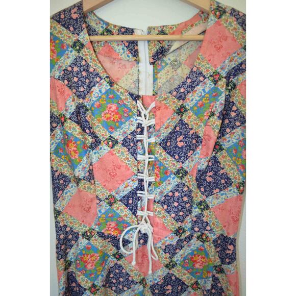 Vintage Patchwork Cotton Puff Sleeve Corset Midi Dress - Picture 6 of 6